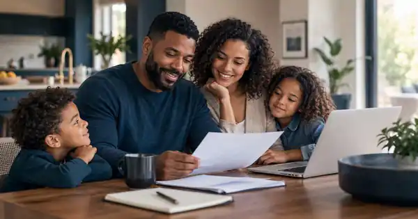 A Black family reviewing financial plans together at home, reflecting protection, flexibility, and confidence about the future.